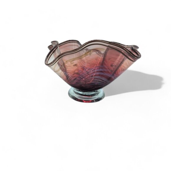 Daniel Reid Hand-Blown Glass Handkerchief Bowl 7" x 4" Tall Red and Gold Signed - Picture 11 of 13